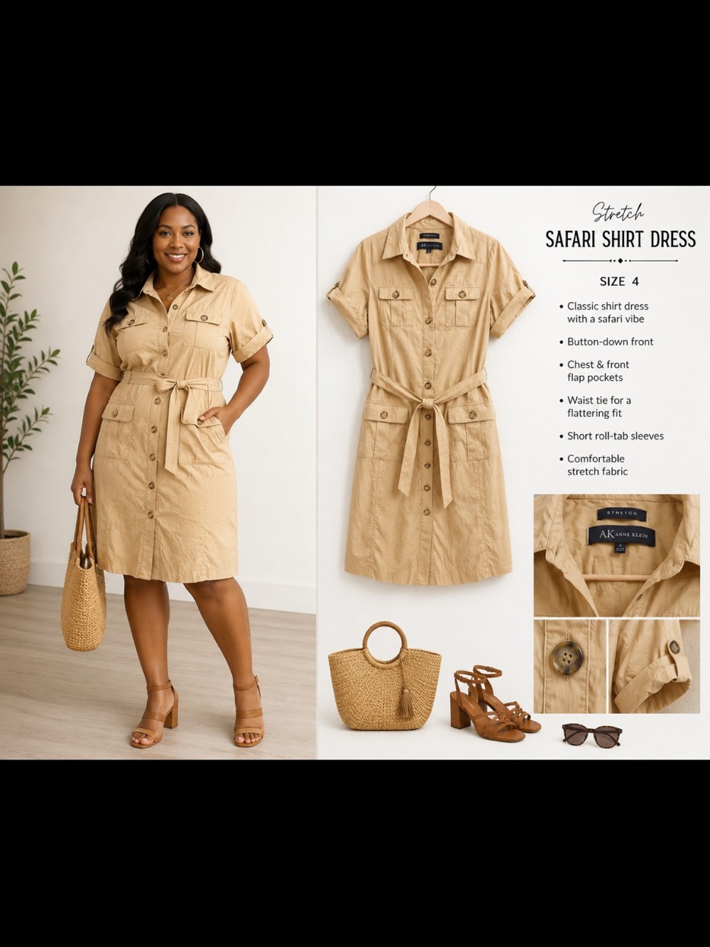 Anne Klein Tan Safari Shirt Dress with Belt